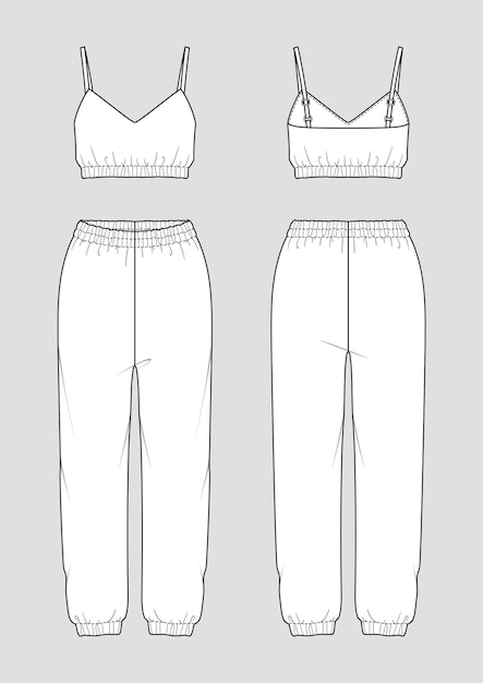 Set of women's homewear. Fashion sketch. Crop top and jogger pants.