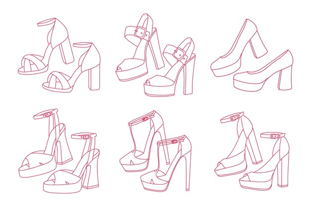 Set of women's retro highheeled shoes Sketch Collection of vintage shoes Clothes and accessories