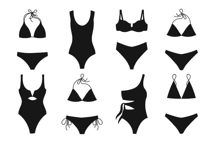 Vector set of women's swimwear swimsuits on a white background women's clothing icons black silhouette