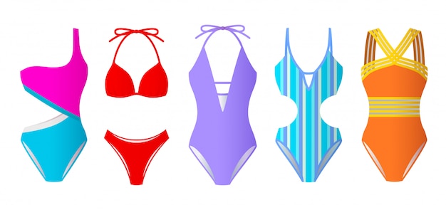 Premium Vector  Set of women swimsuits, colorful bikini and monokini,  beach clothes