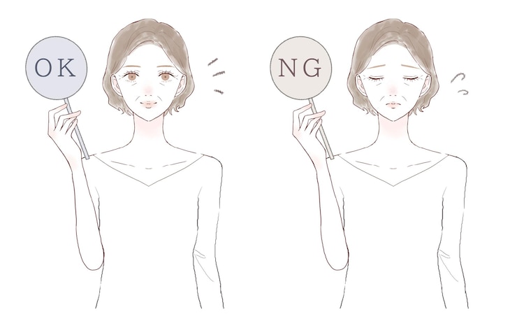 Vector ngサインを出す女性とokサインを出す女性のセット。白い背景に。