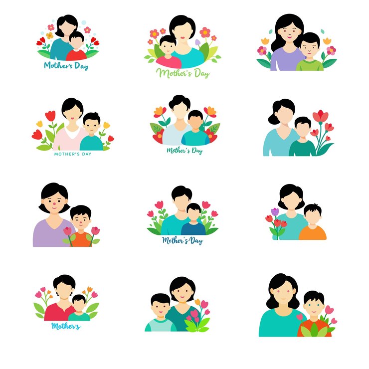 Vector カートゥーンスタイルで描かれた白い背景の花の中に子供がいる女性のセット