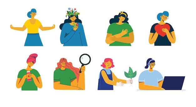 Vector set of women with different signs - book, work on laptop, search with magnifier, communicate.