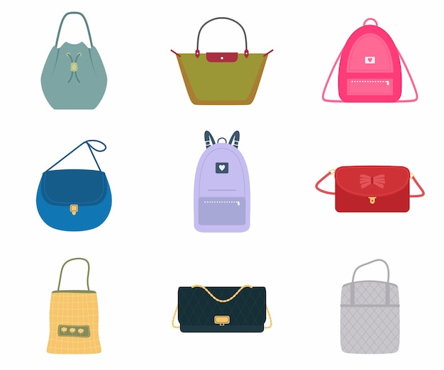 Vettore un set di women39s borse una borsa alla moda con assortimento colore borsa zaino tote borsa secchio trendy di diversi tipi isolati su sfondo bianco design piatto illustrazione vettoriale