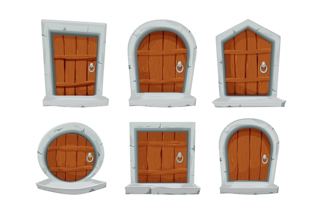 Set wood doors with stone decoration arch in cartoon style