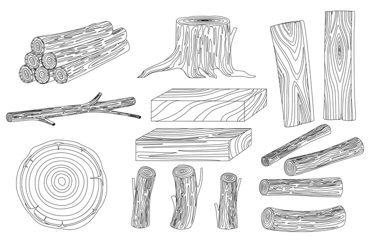 Vector set of wood logs and materials for camping or wooden building trunks stump and planks flat vector illustration outline style isolated on white background.
