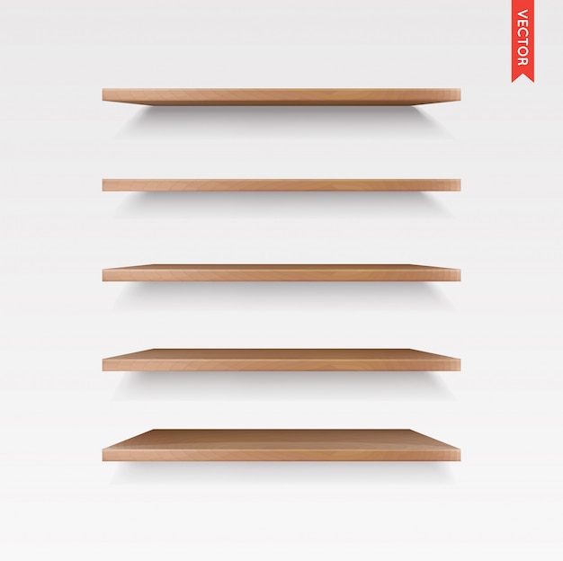 Set of Wood Shelves Isolated on Wall