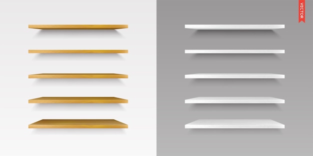 Set of Wood Shelves Vector Isolated on the Wall Background