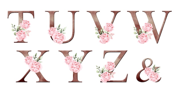 set of wooden alphabet with pink rose wreath decoration