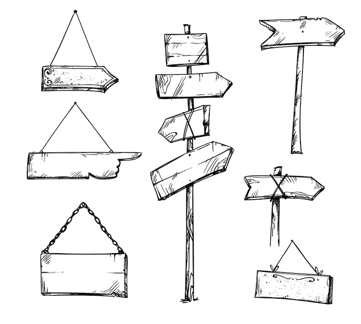 Vector set of wooden arrow signs, hand drawn vector illustration