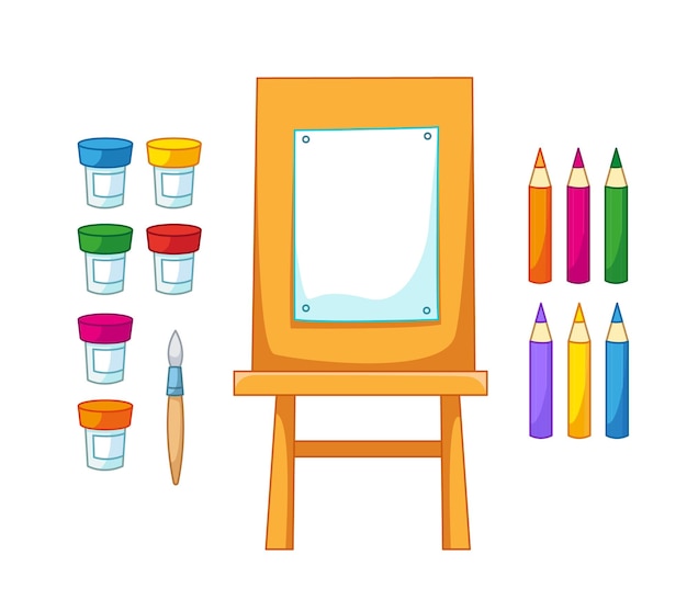 Vector a set of wooden art easel colored pencils and paints in jars with a brush vector illustration