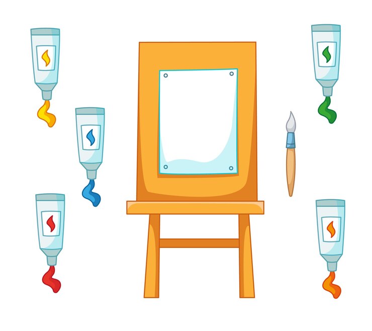 Vector set of wooden art easel and tubes of oil paint and brush vector illustration cartoon childish style