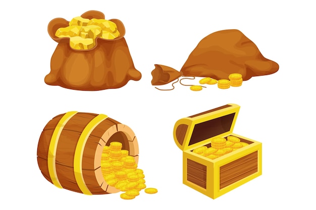 Set wooden barrel chest and old bag with shiny gold coins golden nugget in cartoon style isolated on white background Ui asset reward sign retro elements