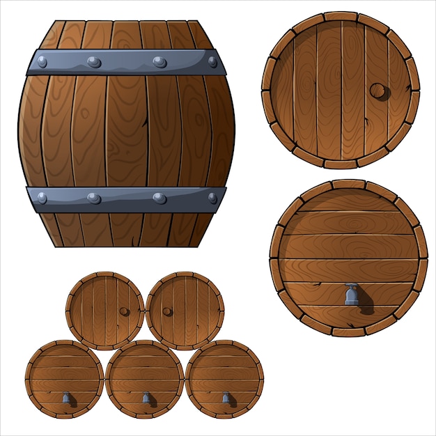 Vector set of wooden barrels and boxes.