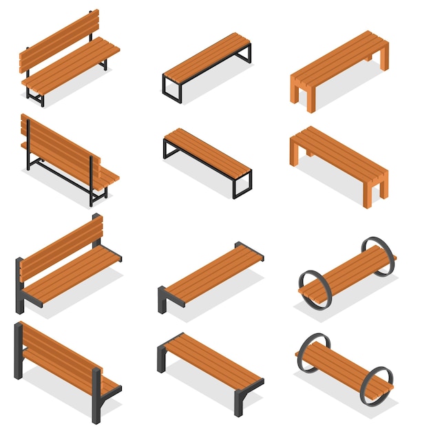 Set di panchine in legno per il parco. stile isometrico. un posto dove riposare e aspettare. elemento decorativo della città. pew per le persone. illustrazione vettoriale.