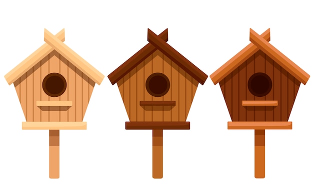Vector set of wooden bird house. nesting box from different types of wood.   illustration  on white background