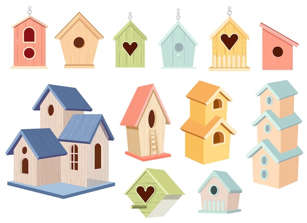 Set of wooden bird houses, colorful birdhouses hang on chain, home or nest with roof, round or heart shaped hole and ladder isolated on white background cartoon vector illustration, icons, clip art