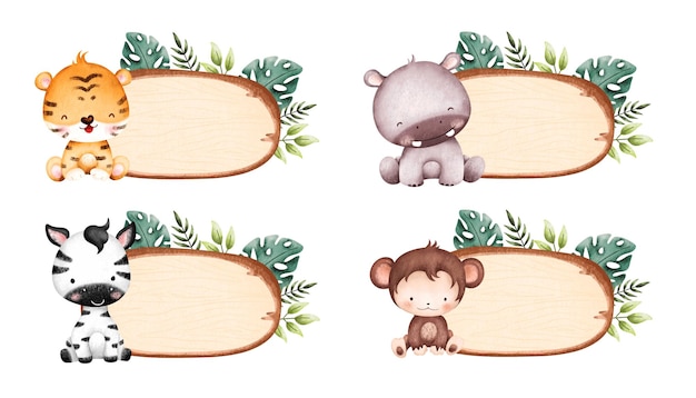 Vector set of wooden board with leaves and safari baby animals