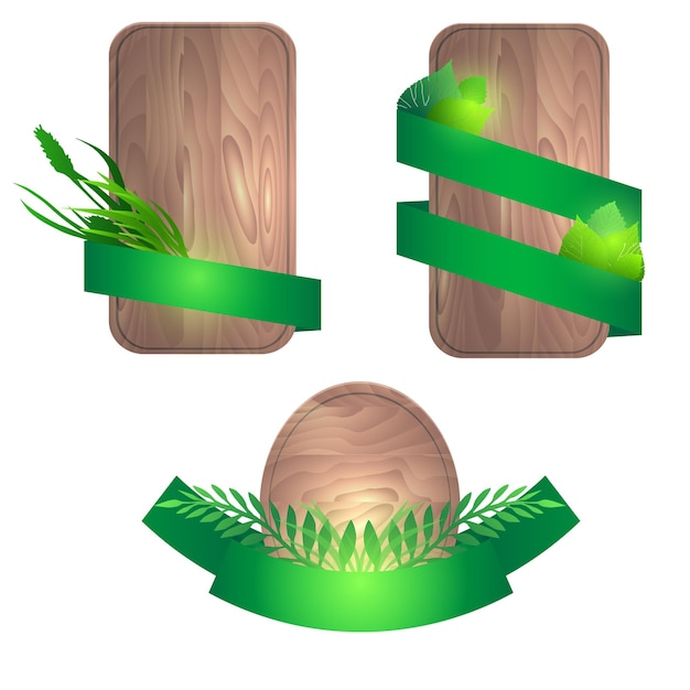 Set of wooden boards with green ribbons and leaves Vector eleme