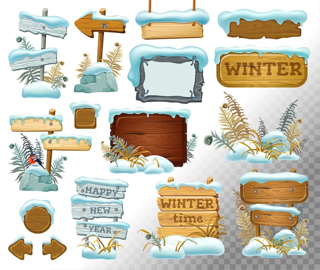 Set of wooden boards with snowdrift.