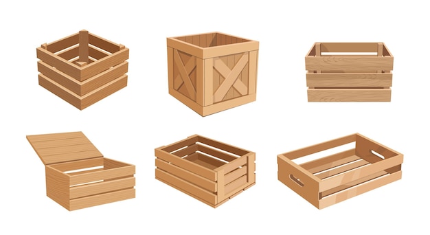 Vector set of wooden boxes, cargo distribution packs