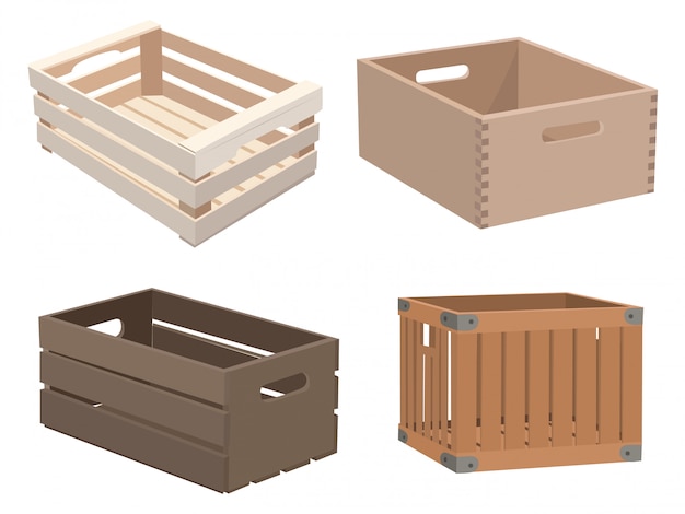 Set di scatole di legno. collezione di scatole in legno. illustrazione vettoriale per bambini