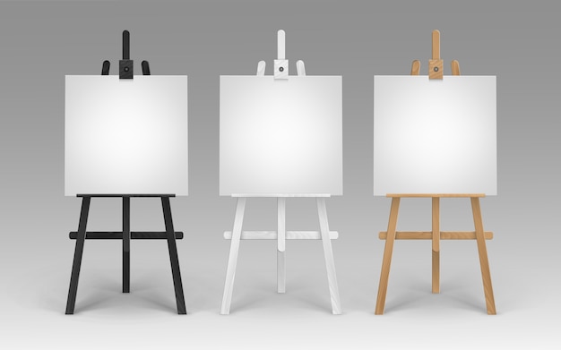 Vector set of wooden brown black white sienna easels with  empty blank square canvases  on background