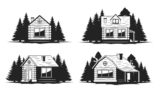 Vector set of wooden cabin and ecological houses