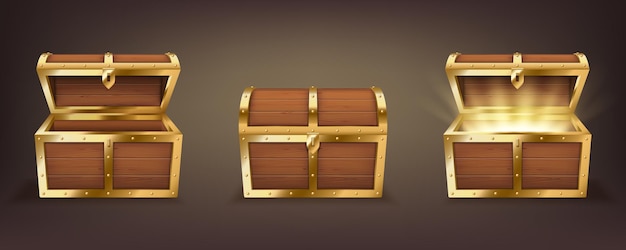 Set of wooden chests with open and closed lid, full of shining golden coins and empty. pirate treasure, 3d vintage coffers collection isolated on dark background. realistic vector illustration