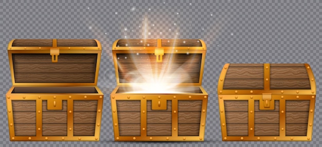 Set of wooden chests with open and closed lid full of shining golden coins Vector illustration