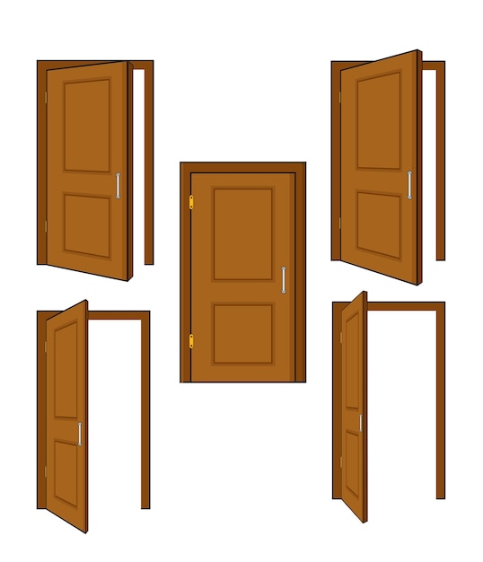 Vettore set di icone di porte in legno, illustrazione vettoriale. porta interna chiusa e aperta