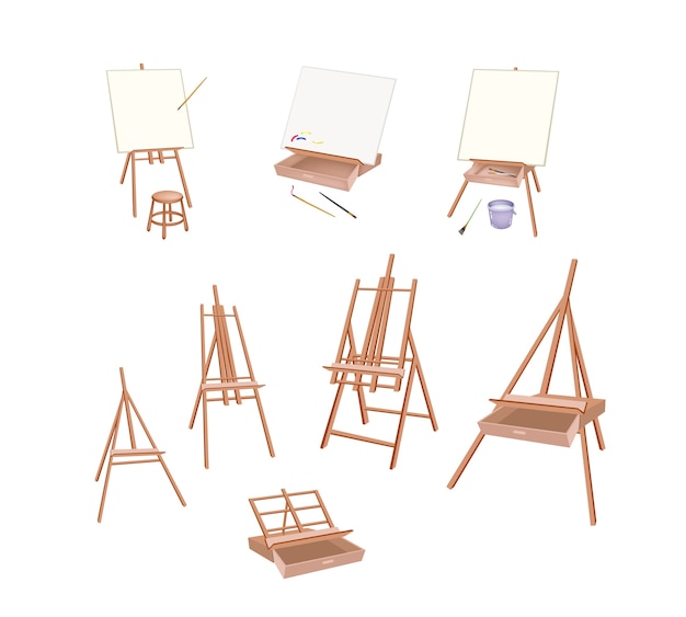 Vector set of wooden easel on white background