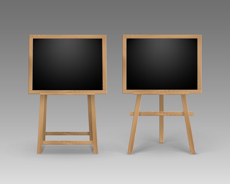 Vector   set of wooden easels with empty blank square black boards isolated on background