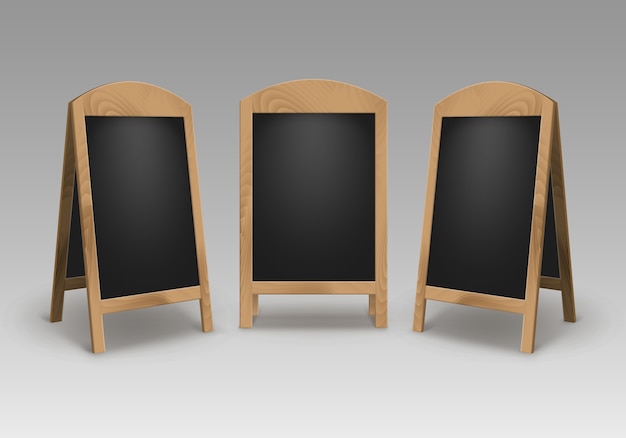 Vector set of wooden empty blank advertising street sandwich stands sidewalk signs black menu boards isolated on background