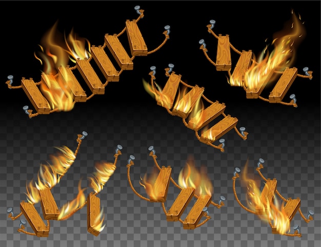 Vector set of wooden ladder and rope in fire flames.