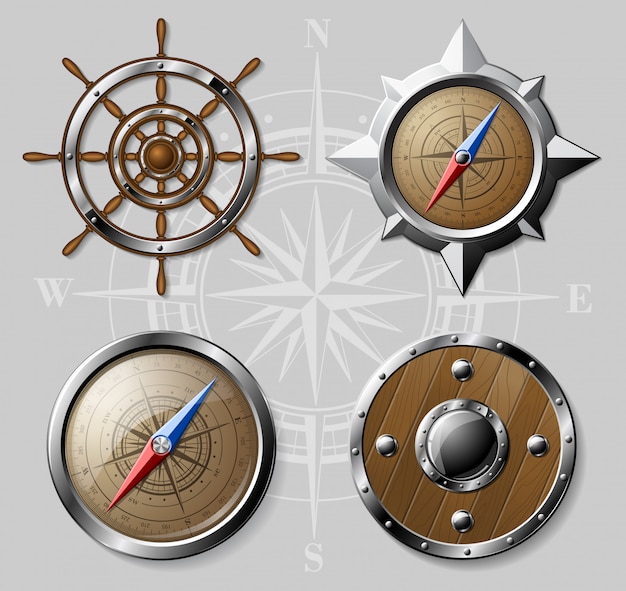 Set of wooden nautical elements isolated on white