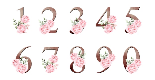 set of wooden number with pink rose wreath decoration