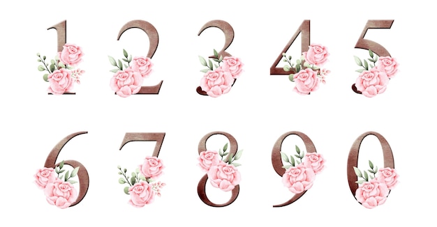 Set of wooden number with pink rose wreath decoration