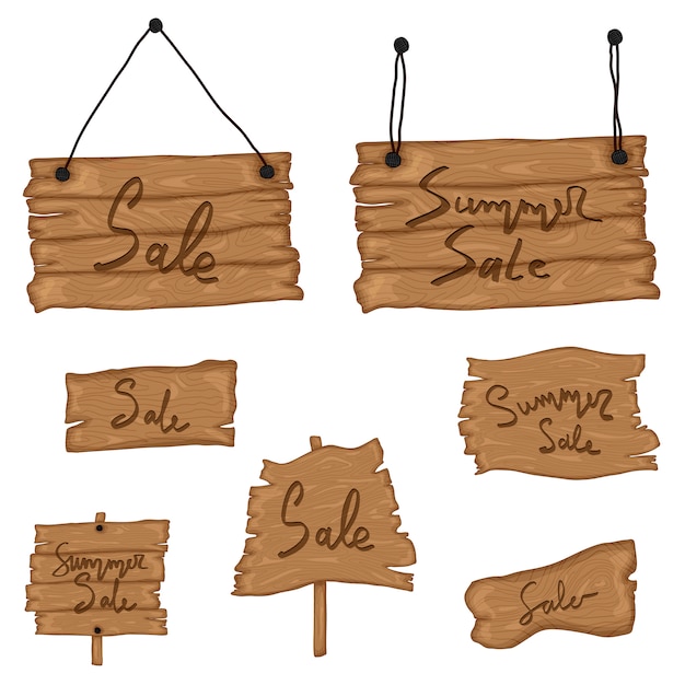 Set wooden old sign in retro cartoon style