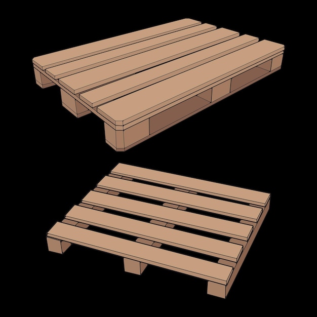 Набор векторных иллюстраций деревянных поддонов на черном фоне Изолированный изометрический деревянный контейнер Изометрические векторные деревянные поддоны