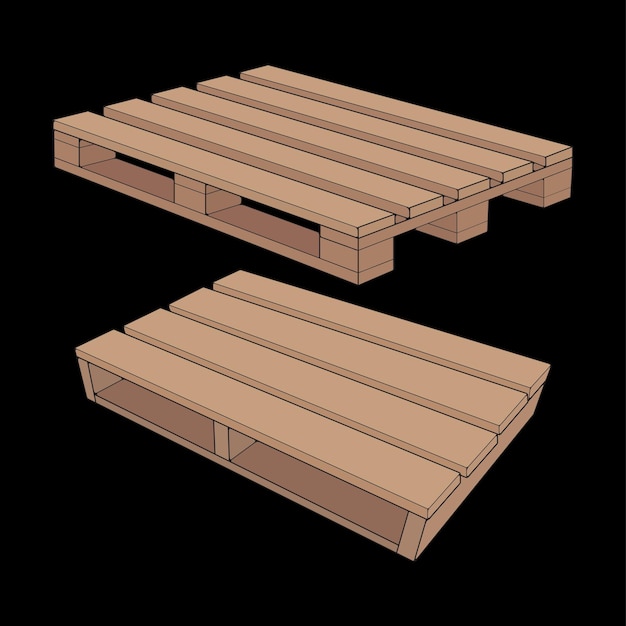 Набор векторных иллюстраций деревянных поддонов на черном фоне Изолированный изометрический деревянный контейнер Изометрические векторные деревянные поддоны