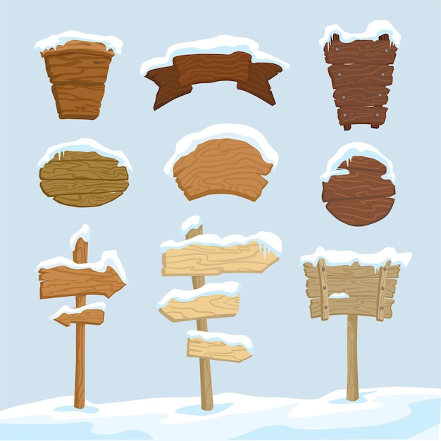 Set of wooden pointers billboards and banners Signs with snow lying on them