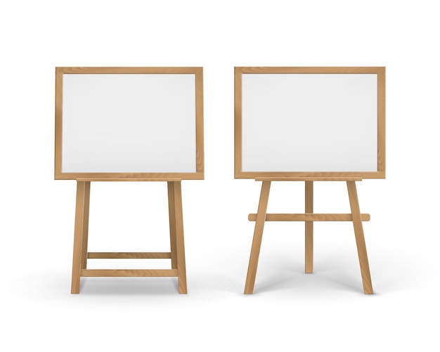 Vector set of wooden sienna boards easels with empty canvases