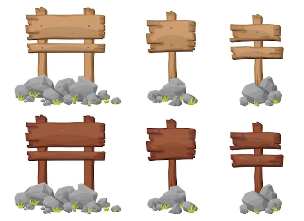 Vector set of wooden sign board with rocks and boulders in cartoon style