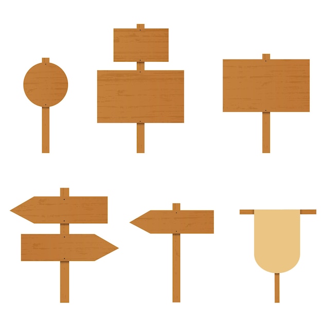 Set of wooden signs. A plywood Board. The direction arrow on the road. Place for ads. Rural Road sign. Wooden arrow pointer. Vector illustration.