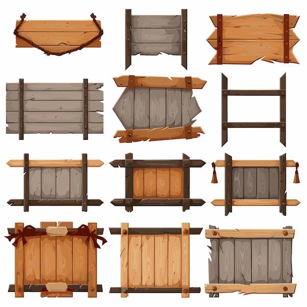 Set of wooden tablets textured panels signboard in cartoon style vector illustration Rustic board