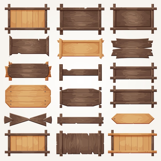 Set of wooden tablets textured panels signboard in cartoon style vector illustration Rustic board