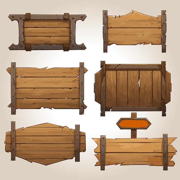 Set of wooden tablets textured panels signboard in cartoon style vector illustration Rustic board