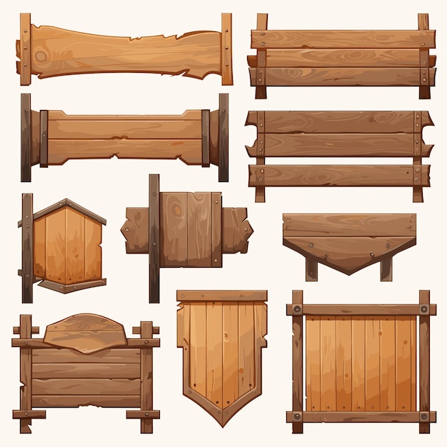 Set of wooden tablets textured panels signboard in cartoon style vector illustration Rustic board