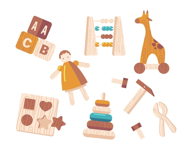 Vector set of wooden toys cube blocks, doll, soroban and wheeled giraffe, sorter, pyramid and carpentry instruments hammer, nail and pliers. kids education and recreation items. cartoon vector illustration